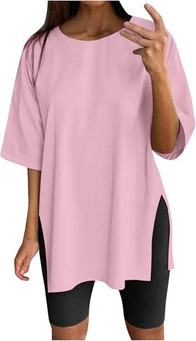 Womens Summer Oversized Shirts Beach Short Sleeve Shirts Round Neck Plus Size Workout Tshirts Casual Solid Blouses in Saudi Arabia