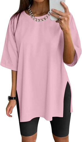 Womens Summer Oversized Shirts Beach Short Sleeve Shirts Round Neck Plus Size Workout Tshirts Casual Solid Blouses in Saudi Arabia