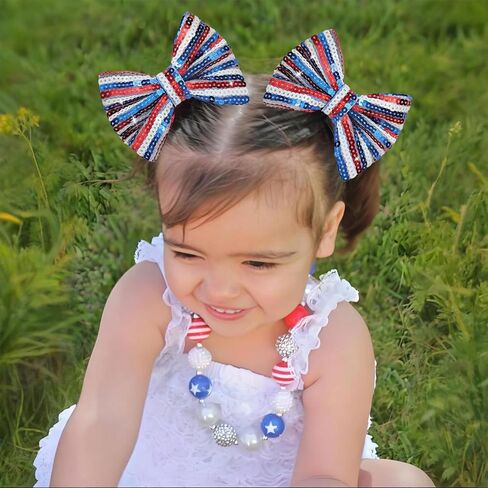 4th of July Stripes Hair Clips Cheer Sequin Bows Hair Clips Glitter Girls Big Bows Red Blue Alligator Clips Independence Day Hair Accessories for Little Girls Toddler Kids in Saudi Arabia