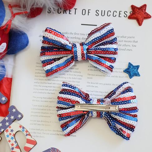 4th of July Stripes Hair Clips Cheer Sequin Bows Hair Clips Glitter Girls Big Bows Red Blue Alligator Clips Independence Day Hair Accessories for Little Girls Toddler Kids in Saudi Arabia