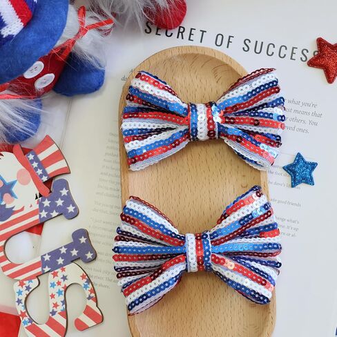 4th of July Stripes Hair Clips Cheer Sequin Bows Hair Clips Glitter Girls Big Bows Red Blue Alligator Clips Independence Day Hair Accessories for Little Girls Toddler Kids in Saudi Arabia