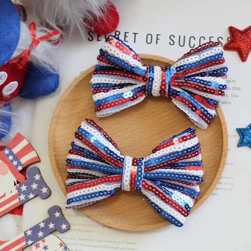 4th of July Stripes Hair Clips Cheer Sequin Bows Hair Clips Glitter Girls Big Bows Red Blue Alligator Clips Independence Day Hair Accessories for Little Girls Toddler Kids in Saudi Arabia