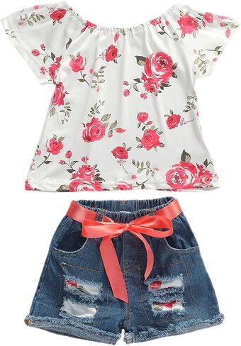 Toddler Baby Girl Spring Summer Clothes Short Sleeve T-Shirt Jean Shorts Kids Infant Denim Outfits in Saudi Arabia