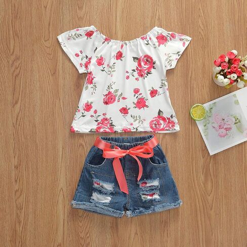Toddler Baby Girl Spring Summer Clothes Short Sleeve T-Shirt Jean Shorts Kids Infant Denim Outfits in Saudi Arabia