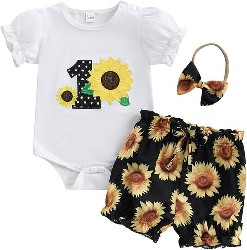 BemeyourBBs Baby Girl First Birthday Outfit 1st Flower Short Sleeve Romper Cute Shorts Set One Year Birthday Summer Clothes in Kuwait
