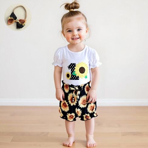 BemeyourBBs Baby Girl First Birthday Outfit 1st Flower Short Sleeve Romper Cute Shorts Set One Year Birthday Summer Clothes in Kuwait