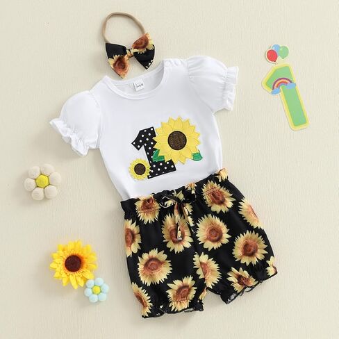 BemeyourBBs Baby Girl First Birthday Outfit 1st Flower Short Sleeve Romper Cute Shorts Set One Year Birthday Summer Clothes in Kuwait