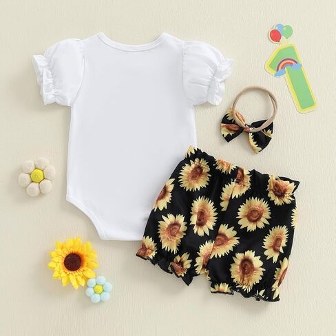 BemeyourBBs Baby Girl First Birthday Outfit 1st Flower Short Sleeve Romper Cute Shorts Set One Year Birthday Summer Clothes in Kuwait