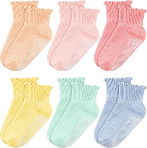 Cooraby 6 Pairs Toddler Anti Slip Non Skid Socks Baby Little Girls Frilly Ruffle Socks Cute Cotton Dress Sock 6M-6Y in Kuwait