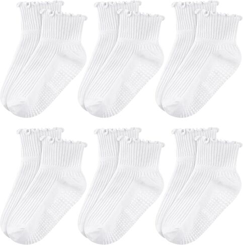 Cooraby 6 Pairs Toddler Anti Slip Non Skid Socks Baby Little Girls Frilly Ruffle Socks Cute Cotton Dress Sock 6M-6Y in Kuwait