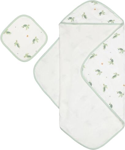 Bamboo Viscose Baby Hooded Towel & Washcloth Set for Babies and Toddlers, Tiger, Soft & Absorbent, 70% Viscose from Bamboo, 30% Cotton Muslin - Imported (Turtle) in Kuwait