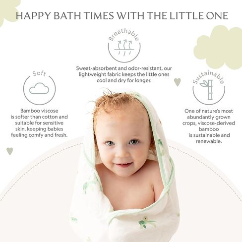 Bamboo Viscose Baby Hooded Towel & Washcloth Set for Babies and Toddlers, Tiger, Soft & Absorbent, 70% Viscose from Bamboo, 30% Cotton Muslin - Imported (Turtle) in Kuwait