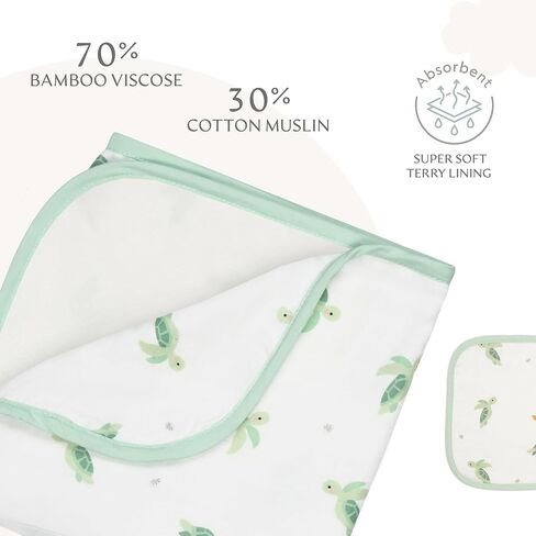 Bamboo Viscose Baby Hooded Towel & Washcloth Set for Babies and Toddlers, Tiger, Soft & Absorbent, 70% Viscose from Bamboo, 30% Cotton Muslin - Imported (Turtle) in Kuwait