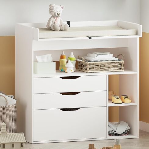 Pipleo Baby Changing Table Dresser with 3 Drawers and 3 Storage Shelves, Can be Used as a Baby Dresser with Changing Table Top, a Baby Changing Station, a Wood Diaper Changing Station (White) in Saudi Arabia