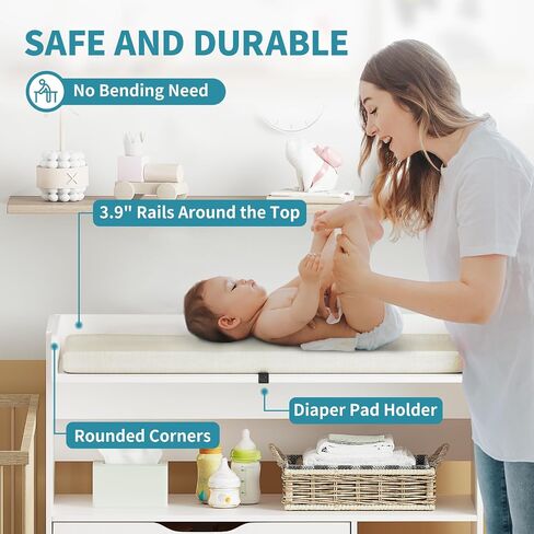 Pipleo Baby Changing Table Dresser with 3 Drawers and 3 Storage Shelves, Can be Used as a Baby Dresser with Changing Table Top, a Baby Changing Station, a Wood Diaper Changing Station (White) in Saudi Arabia