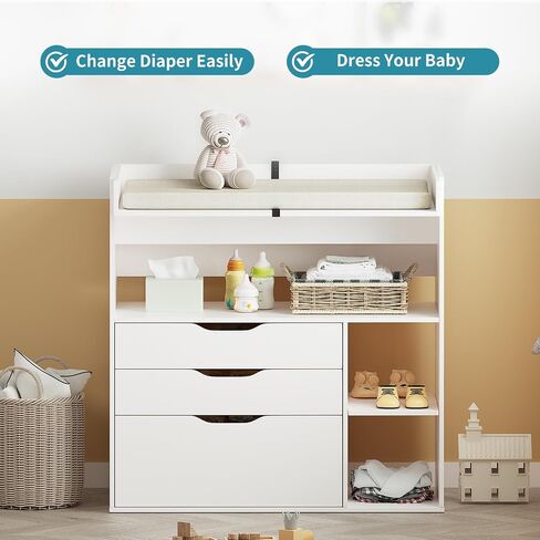 Pipleo Baby Changing Table Dresser with 3 Drawers and 3 Storage Shelves, Can be Used as a Baby Dresser with Changing Table Top, a Baby Changing Station, a Wood Diaper Changing Station (White) in Saudi Arabia