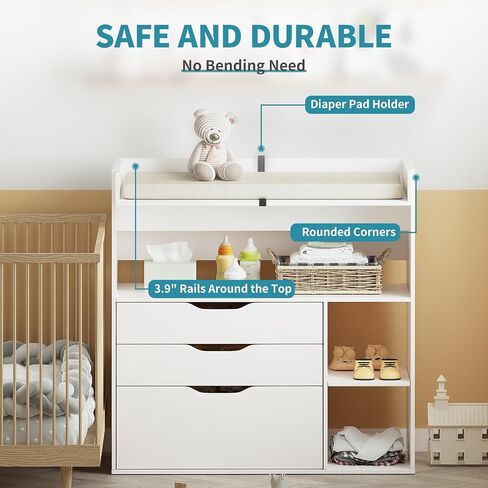 Pipleo Baby Changing Table Dresser with 3 Drawers and 3 Storage Shelves, Can be Used as a Baby Dresser with Changing Table Top, a Baby Changing Station, a Wood Diaper Changing Station (White) in Saudi Arabia