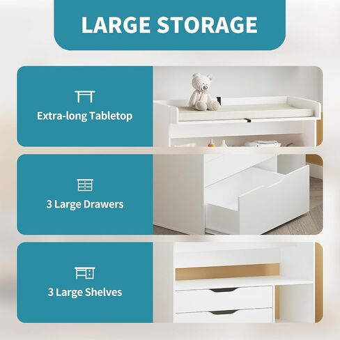 Pipleo Baby Changing Table Dresser with 3 Drawers and 3 Storage Shelves, Can be Used as a Baby Dresser with Changing Table Top, a Baby Changing Station, a Wood Diaper Changing Station (White) in Saudi Arabia
