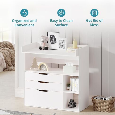 Pipleo Baby Changing Table Dresser with 3 Drawers and 3 Storage Shelves, Can be Used as a Baby Dresser with Changing Table Top, a Baby Changing Station, a Wood Diaper Changing Station (White) in Saudi Arabia