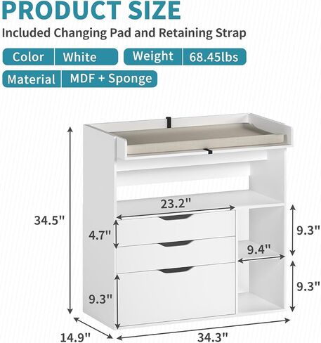 Pipleo Baby Changing Table Dresser with 3 Drawers and 3 Storage Shelves, Can be Used as a Baby Dresser with Changing Table Top, a Baby Changing Station, a Wood Diaper Changing Station (White) in Saudi Arabia