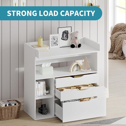Pipleo Baby Changing Table Dresser with 3 Drawers and 3 Storage Shelves, Can be Used as a Baby Dresser with Changing Table Top, a Baby Changing Station, a Wood Diaper Changing Station (White) in Saudi Arabia