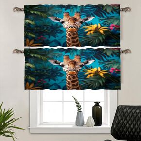2 Panels Cute Giraffe Jungle Plant Window Valances, Rod Pocket Cartoon Leaf Floral Animal Short Curtains Window Treatment for Kitchen, Bathroom, Bedroom Decor, 54" W X 18" L