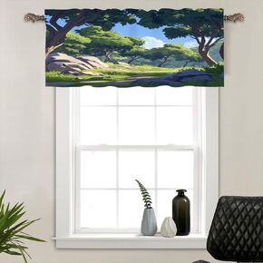 1 Panel Cartoon Rustic Forest Window Valances, Rod Pocket Green Jungle Tree Botanical Short Curtains Window Treatment for Kitchen, Bathroom, Bedroom Decor, 54" W X 18" L