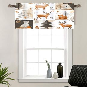 1 Panel Cartoon Autumn Forest Animal Window Valances, Rod Pocket Rustic Nature Bear Deer Short Curtains Window Treatment for Kitchen, Bathroom, Bedroom Decor, 54" W X 18" L