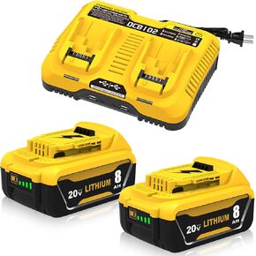 2 Pack Upgraded 8000mAh Replacement for Dewalt 20V MAX Battery and DCB102 Charger Combo Compatible with Dewalt 20V Battery Lithium DCB207 DCB206 DCB204 DCB200 DCB201 DCB203 Series Power Tool(Yellow)