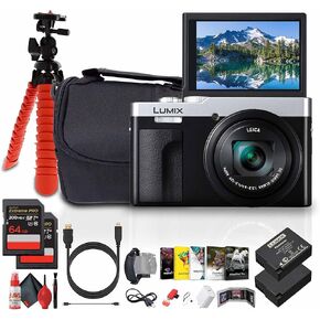 Panasonic ZS99 Point and Shoot Compact Travel Digital Camera (Silver) (DC-ZS99S) + Photography Software + 2 x 64GB Memory Card + DMW-BLG10 Battery + Camera Bag + Flexible Tripod + USB-C Cable + More