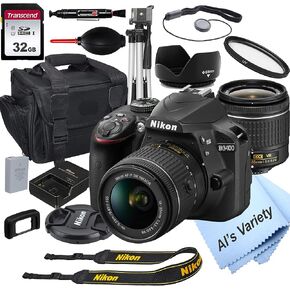 Nikon D3400 DSLR Camera with 18-55mm VR Lens + 32GB Card, Tripod, Case, and More (18pc Bundle) (Renewed)