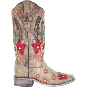 CORRAL LADIE'S TAUPE CACTUS OVERLAY & FLOWERED EMBROIDERY SQ. TOE, LEATHER SOLE, WESTERN A3769