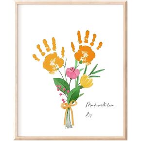 Poranlem Baby Handprint Craft Art DIY Floral Bouquet Kids Birthday Activity Children Keepsake Wall Art Print Flowers Painting Gift Natural Wood Frame (Hanging Scroll)