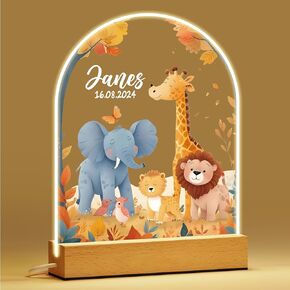 Personalized Baby Gifts, Personalized Night Light for Kids, Custom LED Lamp with Name and Date, Safari Jungle Animals Night Light, Baby Bedroom LED Lamp, Nursery Decor