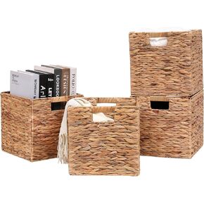 Wicker Storage Cubes Foldable Water Hyacinth Baskets,Handwoven Storage Baskets for Shelves,Kitchen or Outdoor,Set of 4 Pcs,11x11x11inch