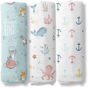 Cotton Muslin Swaddle Wraps for Newborn – Pack of 3 Soft & Breathable Baby Swaddles (Ocean - Elephant - Lion)