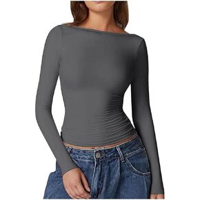 Womens Tops Trendy Fashion Going Out Long Sleeve Shirts Solid Color Round Neck Basic Y2K Cute Shirt Slim Fitted Tees
