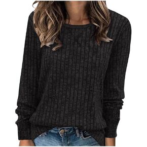 Tunic Sweater for Women Trendy Crew Neck Long Sleeve Ribbed Knit Tops Plain T Shirts Casual Lightweight Pullover Tee