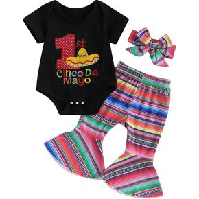 Newborn Baby Girl Cinco De Mayo Outfit Short Sleeve Embroidery Romper Flare Pant Headband 3Pcs Mexican Fiesta Clothes