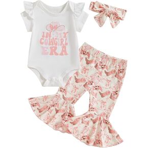Western Baby Girl Clothes Bell Bottoms Cowgirl Outfit Boots Cow Print Romper Flare Pants With Headband Summer Set