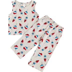 Toddler Baby 4th of July Outfit Cotton Linen Memorial Tank Tops Pants Little Boy Girl Fourth of July 2pc Set