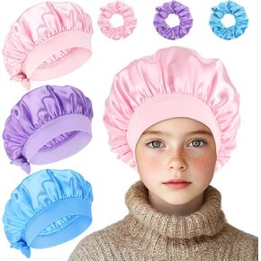 Giantree 3 Pcs Kids Satin Bonnet and 3 Pcs Hair Band, Adjustable Silk Hair Bonnet for Sleeping Satin Sleep Cap, Kids Bonnets Elastic Band Sleeping Cap for Girl Boys Toddler