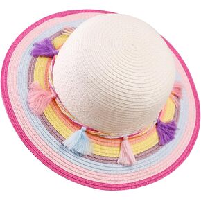 PinkSheep Girls Sun Hat,Cute Summer Straw Beach Hat for Toddler Kids with Wide Rainbow Brim & Tassels - UPF 50+