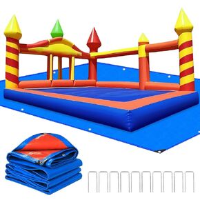 Bounce House Mat 197x118 Inch Heavy-Duty Waterproof PE Pad for 15ft Inflatable Bouncers, Jumping Castles Protective Underlay Pad with 10 Metal Ground Stakes and Reinforced Edges