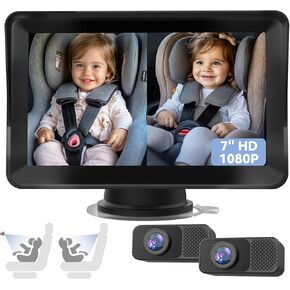 Baby Car Camera for 2 Kids, 7" 1080 FHD Dual Car Camera Baby Monitor with Split-Screen, IR Night Vision, 3X Zoom, Wide Angle, Anti-Glare, Easy Setup, Rear/Front Facing for Twins, Multi-Child
