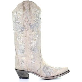 CORRAL LADIE'S WHITE FLORAL EMBROIDERY & CRYSTALS, SNIP TOE, LEATHER SOLE, WESTERN, A3521