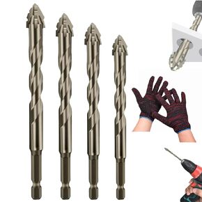 Vrsgs Drill Bits,4 Flute Eccentric Drill Bit Set,High Magnetic,High-Strength Eccentric Twist Drill Bit,for Stone, Glass, Wood, Metal (3pcs(6/8/10)+﻿1 Pair Gloves)