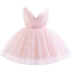 Baby Girl Butterfly Shiny Formal Wedding Dress Princess Ruffle Tulle 1st Birthday Toddler Tea Party Pageant Ball Gown
