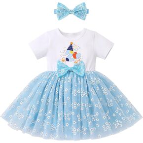 IBTOM CASTLE Baby Girl 1st 2nd Birthday Outfit Blue Sequin Bow Floral Tutu Dress for Cake Smash Photoshoot