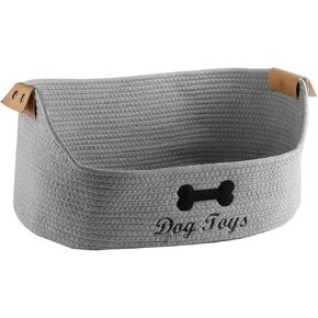 Woven Dog Toy Baskets,Rope Basket for Dog Toys,Collapsible Dog Toy Bin with Leather Handles,Trapezoidal Puppy Toy Storage Basket,Chewproof Dog Organizer for Toys,Collar,Leash,blankets-Gray